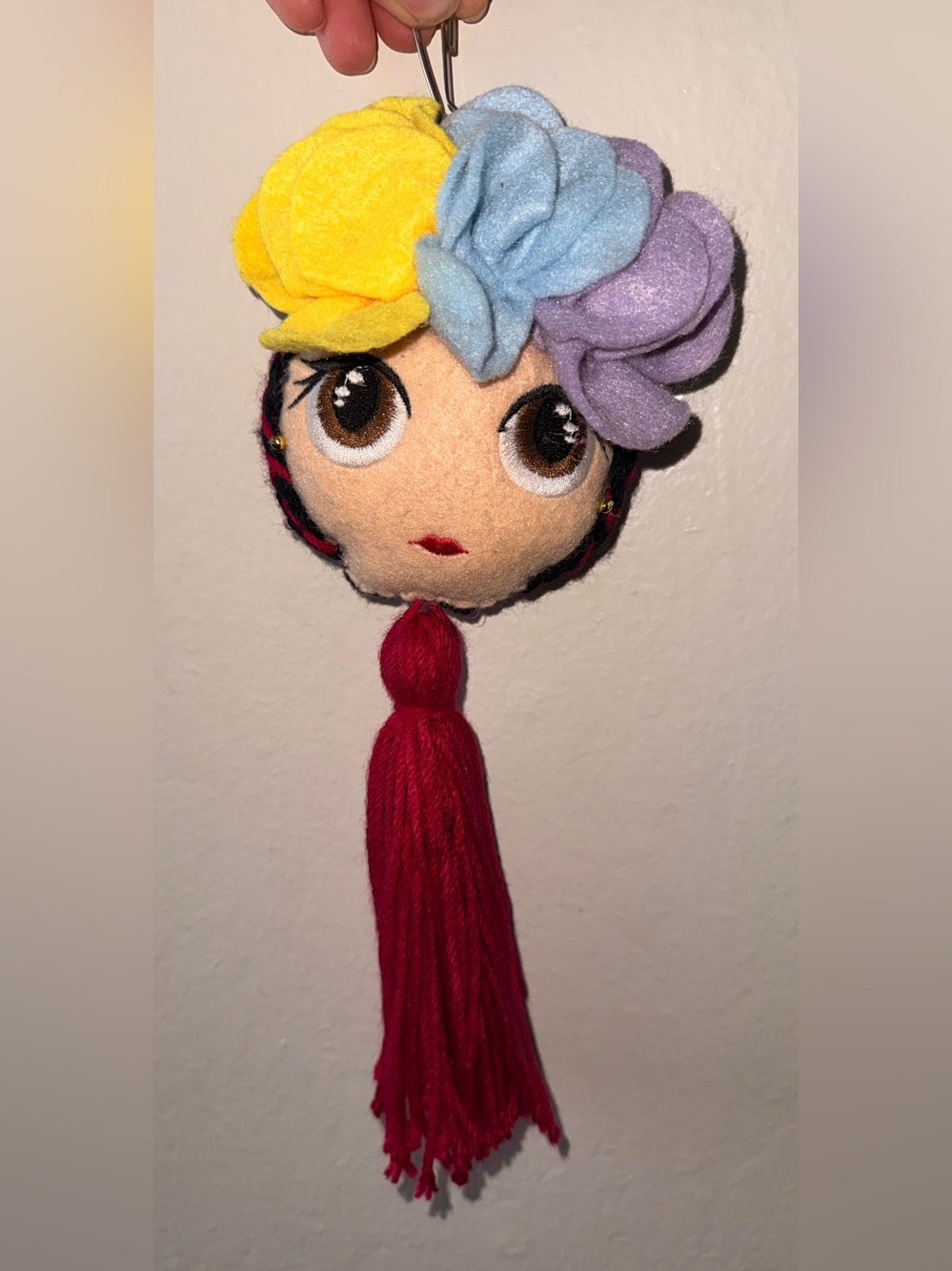 Handmade Doll Head Keychain with Colorful Flowers and Red Tassel